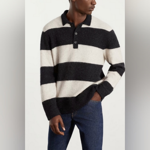Everlane Black Cream Stripe Stretch Wool Rugby Polo Sweater XL Machine Washable - Picture 1 of 10
